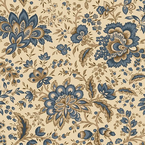 Close up of floral pattern with blue and beige flowers on a beige background