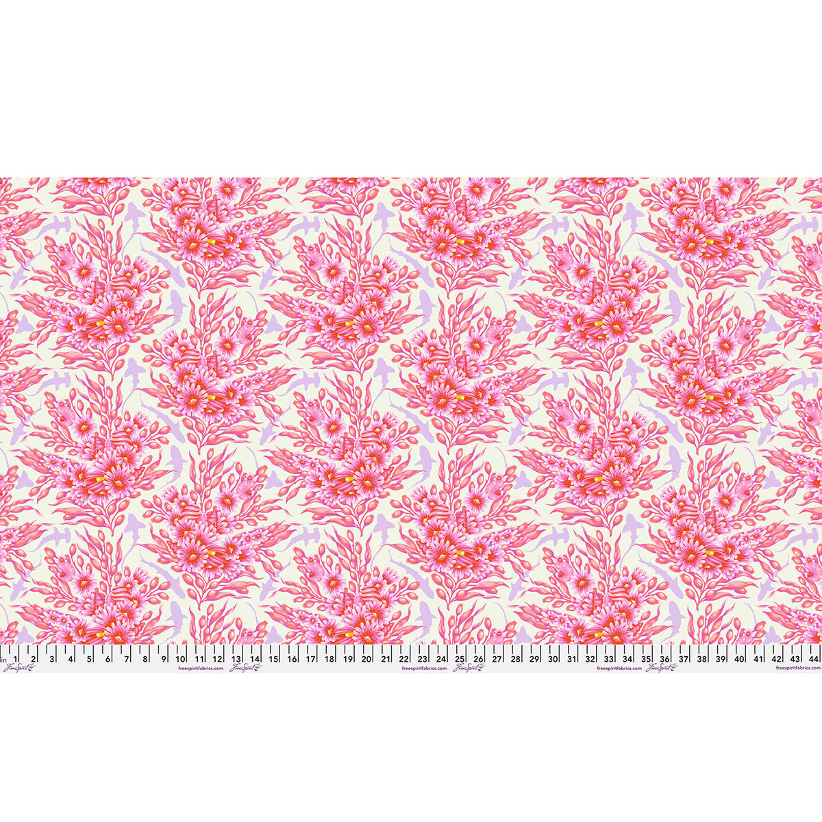 Patterned fabric with pink floral design on a white background.