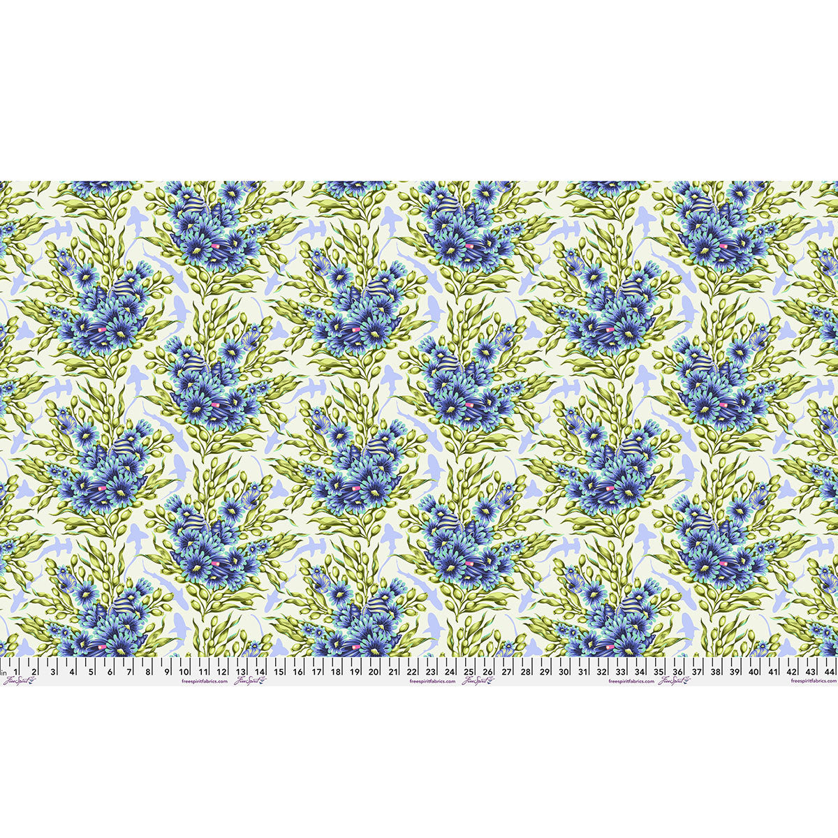 Floral patterned fabric with blue flowers and green leaves on a white background