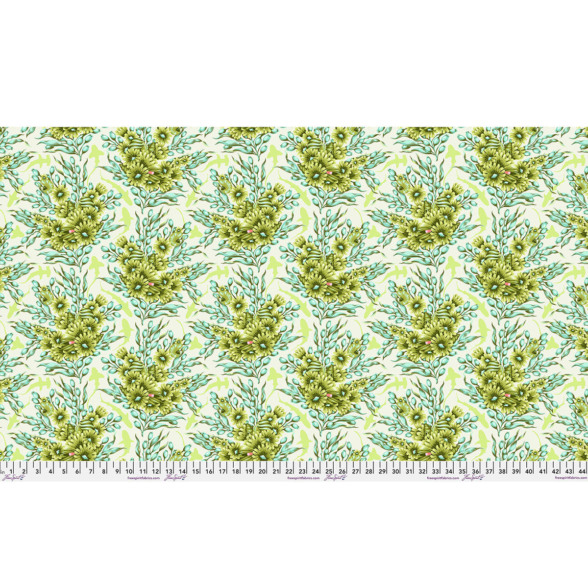 Fabric with green floral pattern on a light green background