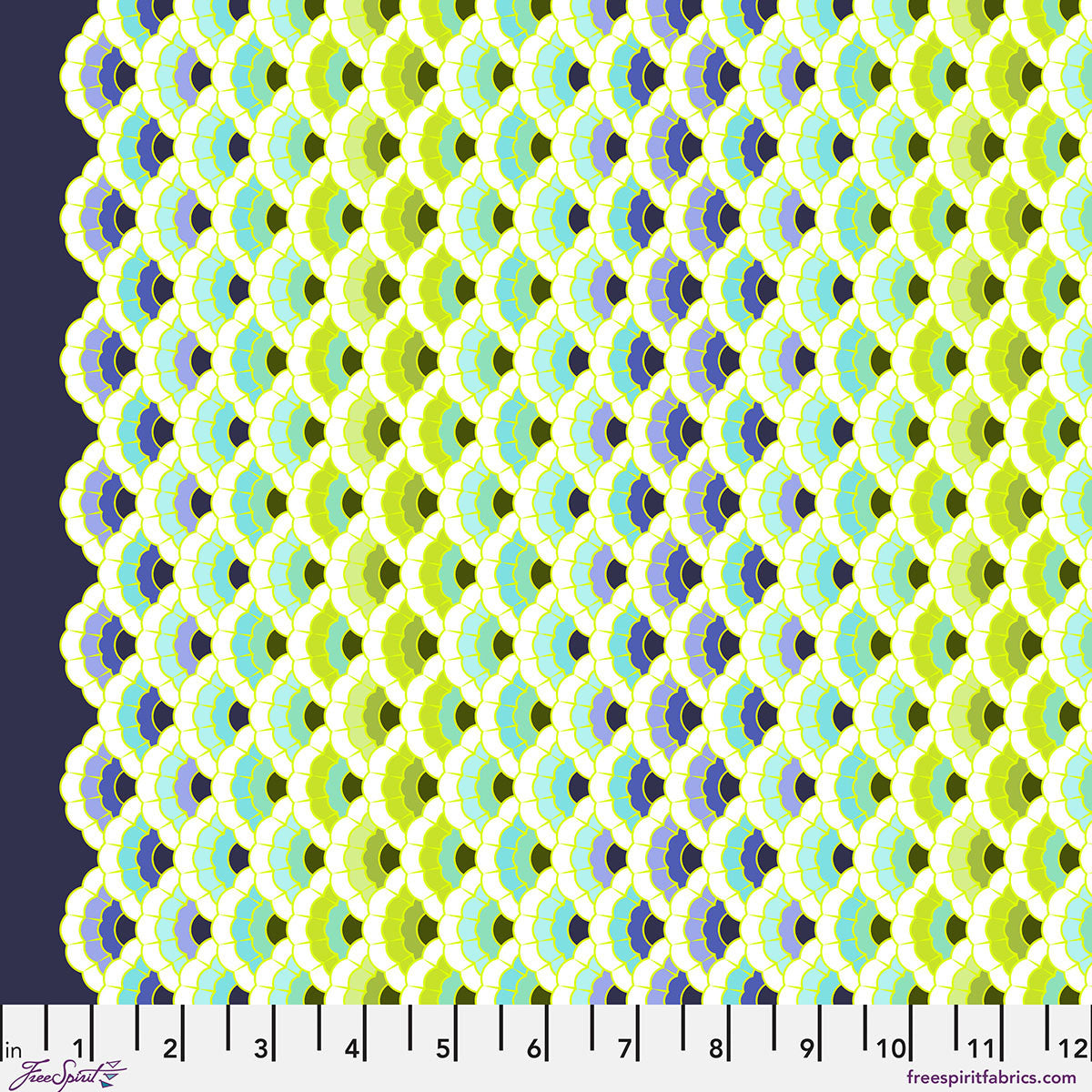 Patterned fabric swatch with geometric design in green, blue, and purple on a navy background.