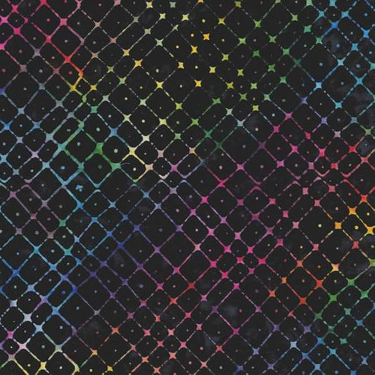Colorful rainbow geometric checkered pattern on a black background