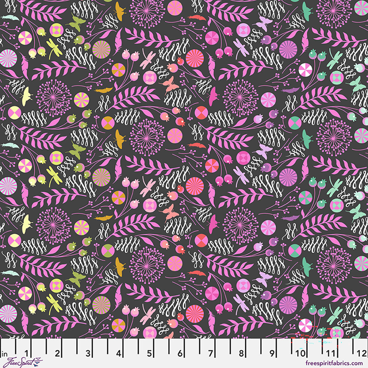 Floral pattern fabric with pink and green designs on a dark background
