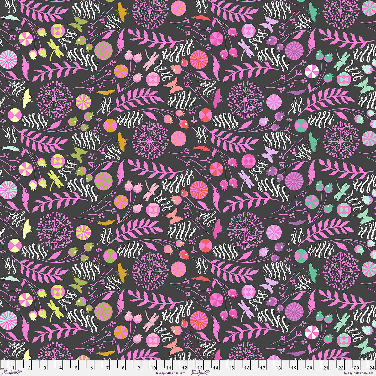 Floral pattern fabric with pink and green designs on a dark gray fleece background