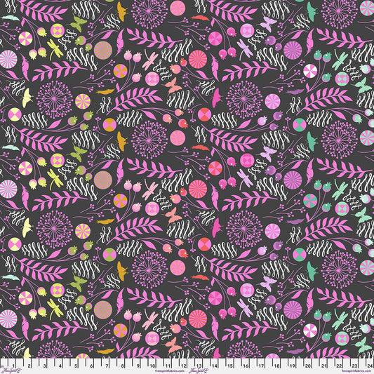 Floral pattern fabric with pink and green designs on a dark gray fleece background
