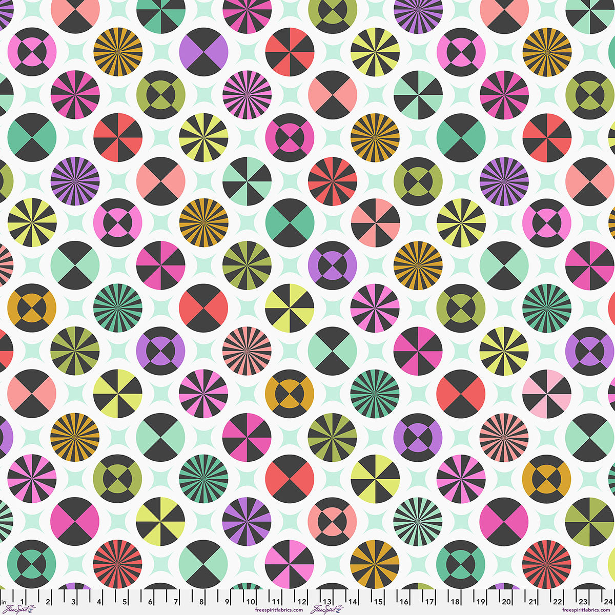 Pattern of colorful geometric shapes on a white fleece background.