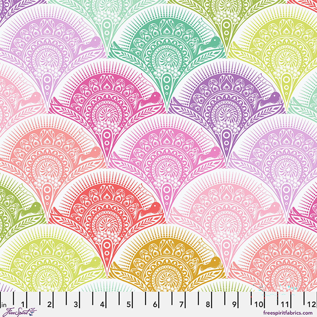 Colorful scalloped patterned fabric on a white background.