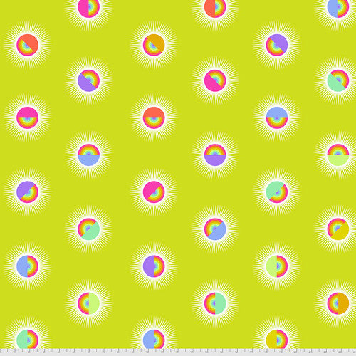 Saturday Pineapple 100% Cotton Sateen 108" wide quilt backing material featuring half rainbow circles on a yellow background. 