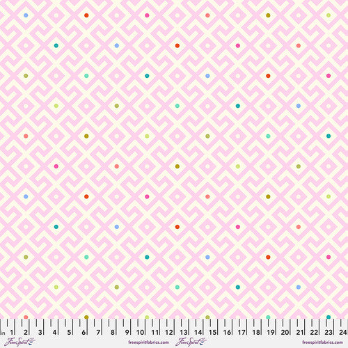 100% Cotton Sateen 108" wide quilt backing material featuring a vibrant and bold pink geometric pattern with center dots that change color throughout the color spectrum on a white background providing a modern and unique design. Sold Increments: Half Yard Cuts (continuous cut)