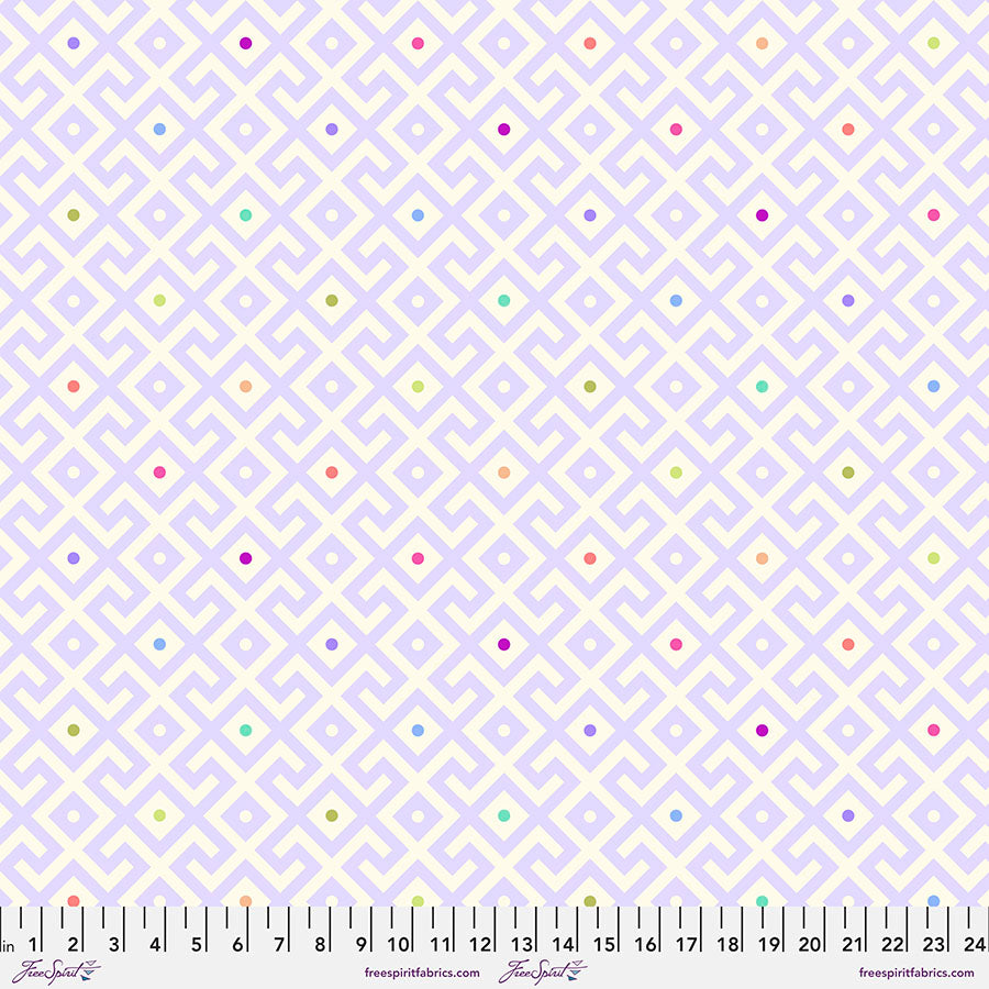 100% Cotton Sateen 108" wide quilt backing material featuring a vibrant and bold purple geometric pattern with center dots that change color throughout the color spectrum on a white background providing a modern and unique design.  Sold Increments: Half Yard Cuts (continuous cut)