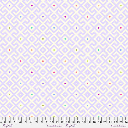 100% Cotton Sateen 108" wide quilt backing material featuring a vibrant and bold purple geometric pattern with center dots that change color throughout the color spectrum on a white background providing a modern and unique design.  Sold Increments: Half Yard Cuts (continuous cut)