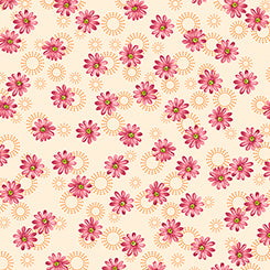 Pink dasiy flowers with a green center on a cream background