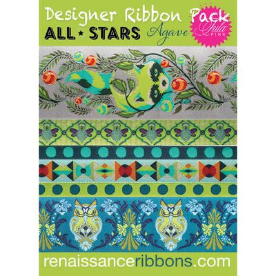 This pack of gorgeous woven ribbons features a selection from Tula Pink’s ALL STARS, her collection of the “best of the best” designs; raccoons, owls and geometrics coordinate with her super-popular cotton quilting fabric produced by Free Spirit Fabrics. 1yd 1-1/2 in, 3yd 7/8 in, 2yd 5/8 in. 6 yards total. packaging may vary