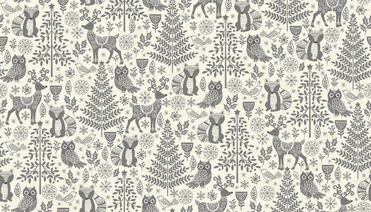 Pattern of gray deer, owls, and trees on a beige background