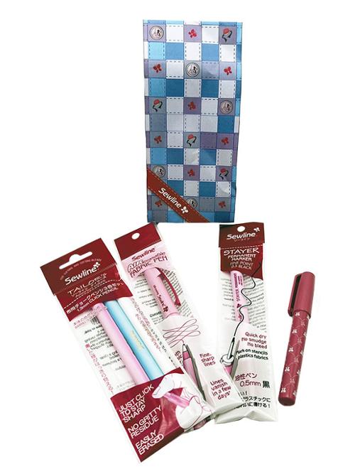 Set of sewing tools including a Fabric Glue Pen,Air Erasing Roller pen, Sewline Stayer Permanent Marker and Tailors Pencil 3ct set.