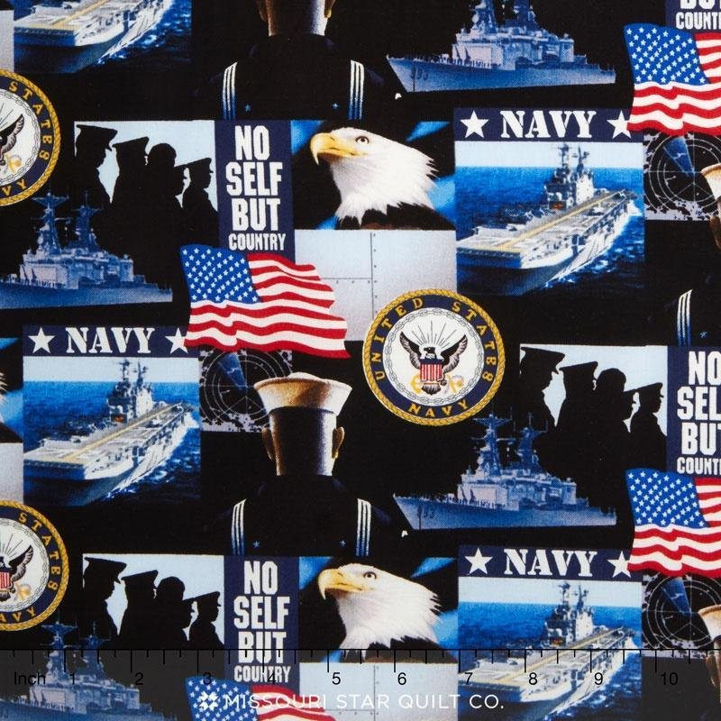 Fabric with navy-themed patterns including eagles, American flags, and ships.