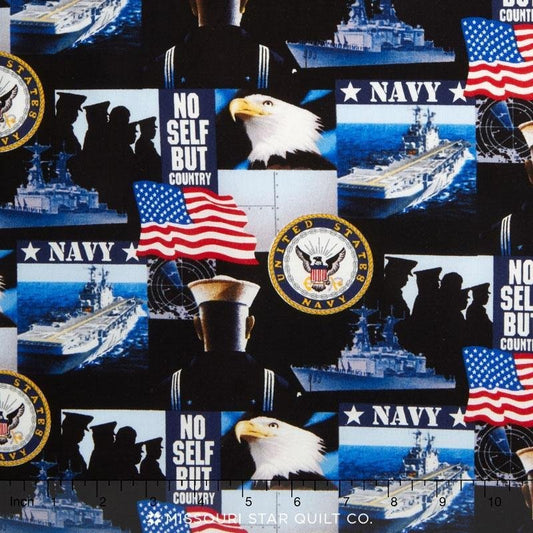 Fabric with navy-themed patterns including eagles, American flags, and ships.