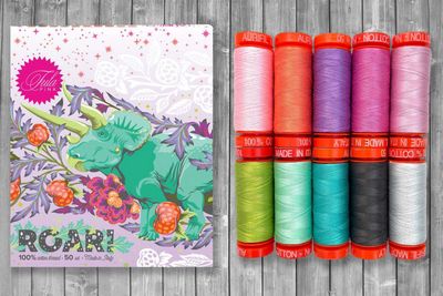 Roar, Tula’s latest fabric collection, coordinating thread set includes 10 small spools of Aurifil 50wt thread. colors included: 2423, 2220, 2479, 2520, 2515, 1231, 2835, 1148, 2630, 2600