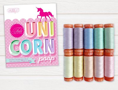 Unicorn Poop Thread Set Collection by Tula Pink. Includes 10 small spools 50wt 100% cotton thread. Colors included: 2510-2562-2710-2830-2912-2110, 2105, 2420, 2410, 2423.