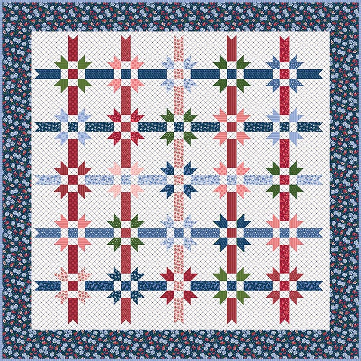 A square quilt pattern or fabric panel featuring a grid of star and cross motifs in