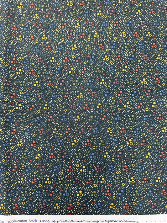 yellow, red, blue circles on a black background