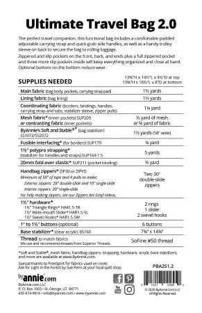 Fabric requirements list for Ultimate Travel Bag 2.0 with measurements and specifications.