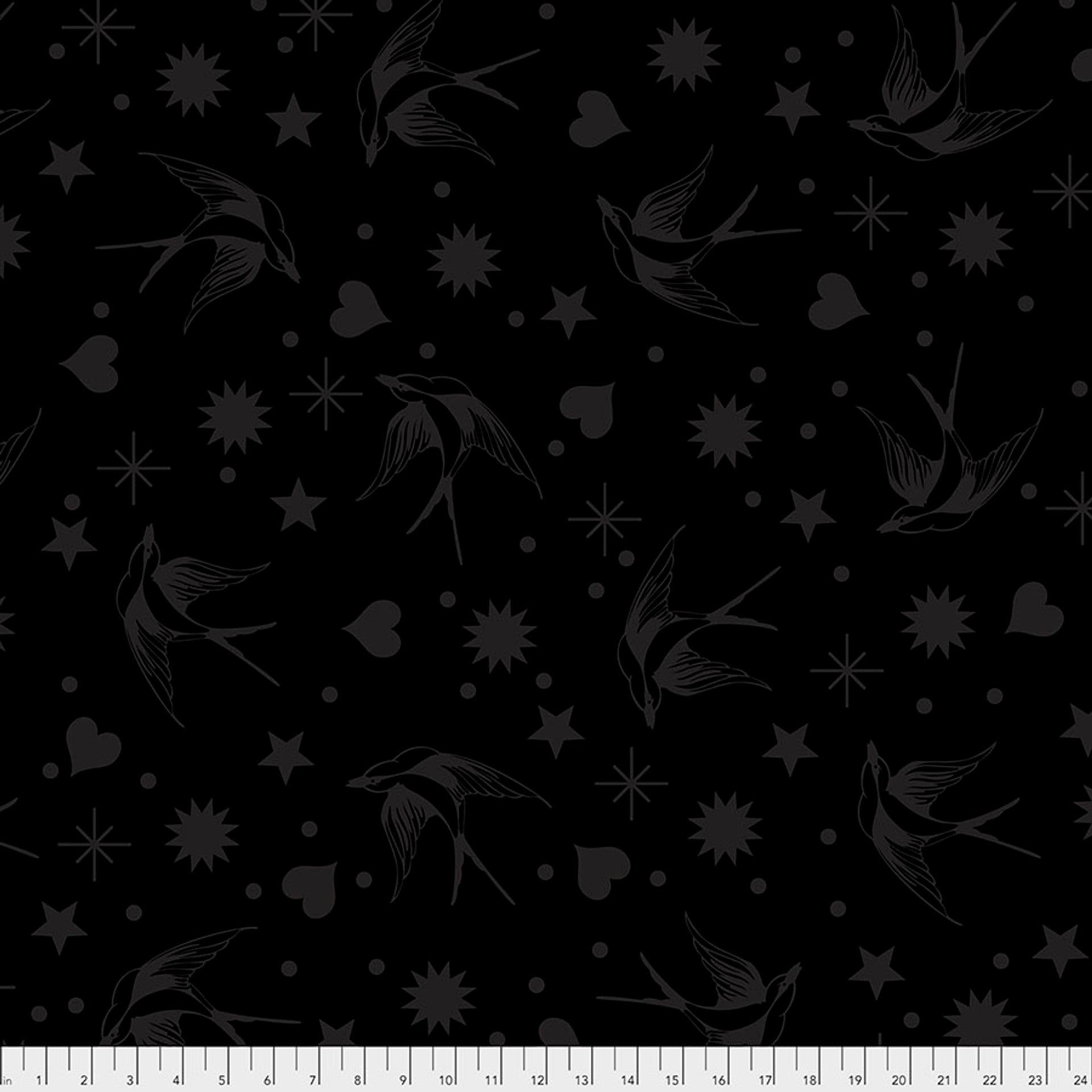 Black and gray pattern of birds, stars, and hearts on a black background
