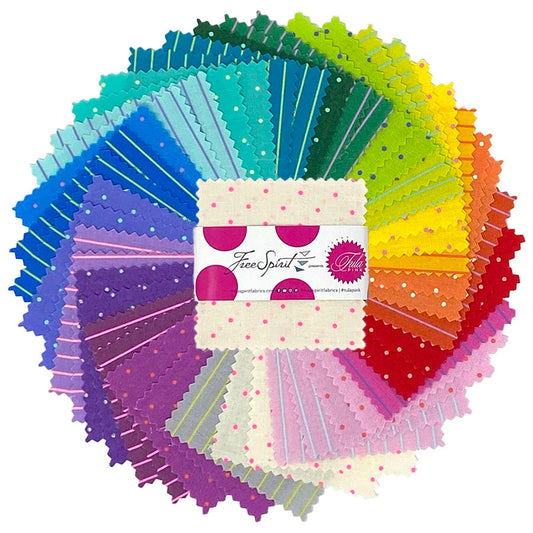 Colorful Tiny Coordinates fabric squares arranged in a circular pattern with a brand label in the center.