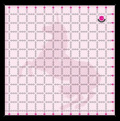 Pink square ruler with measurement markings and an unicorn logo on a pink background