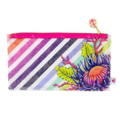 Colorful pouch with striped pattern and floral design on clear background