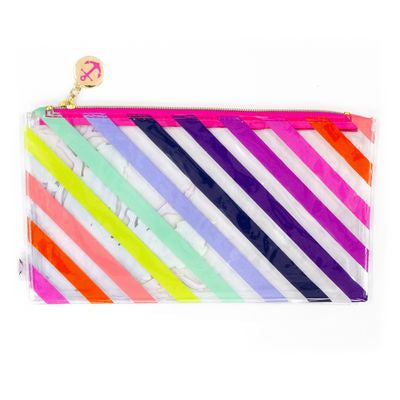 Colorful striped pouch with a gold zipper pull on a clear background