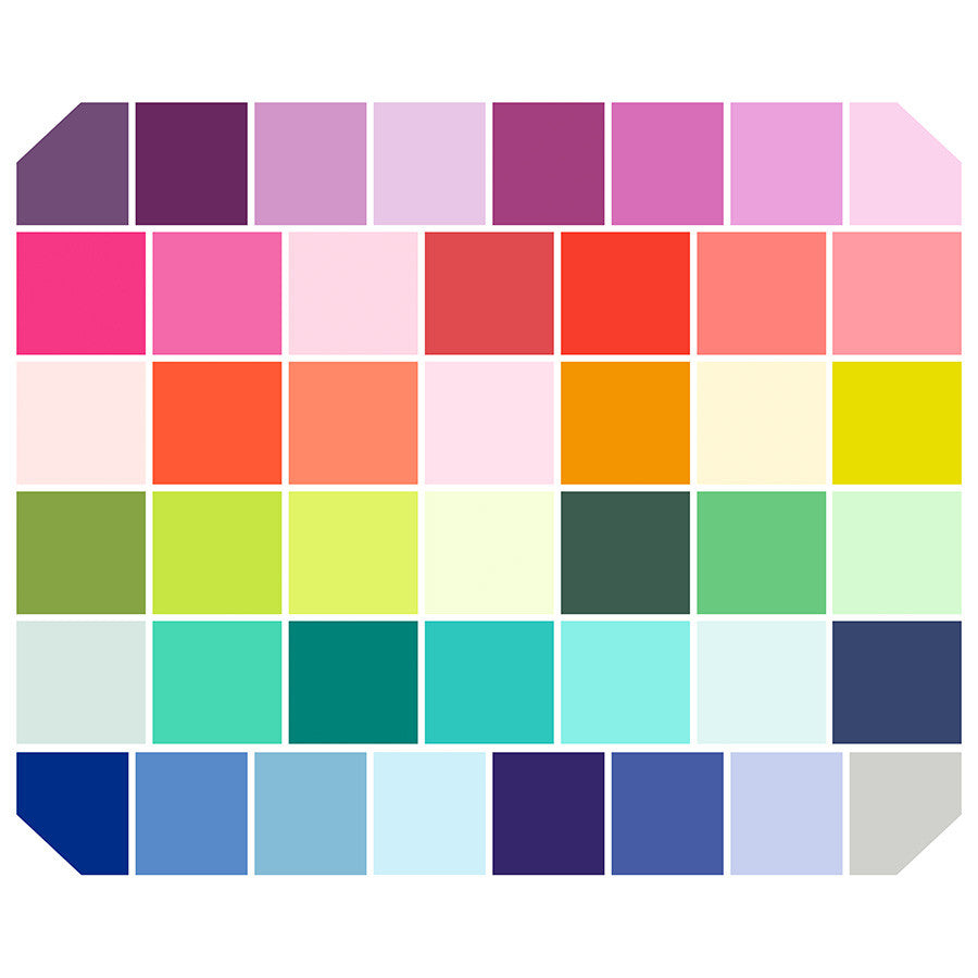Tula pink Solids with various shades of pink, purple, red, orange, yellow, green, blue, and gray.