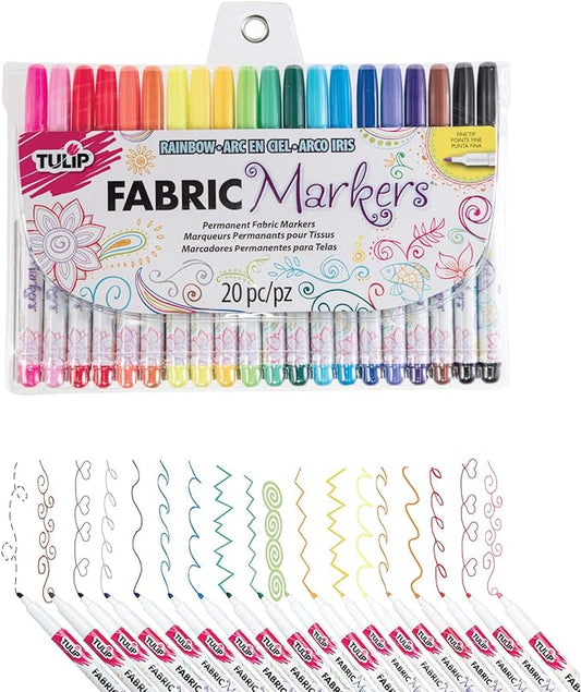 Tulip Permanent Nontoxic Fabric Markers, 20 Pack, Multicolor