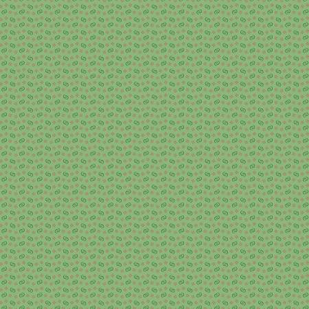 A repeating pattern of small green paisley-like motifs on a light sage green background.