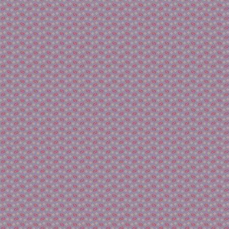 A close-up of a repeating pattern with a dusty lavender-purple base and small pink circular motifs distributed evenly across the surface.