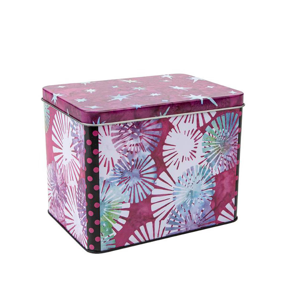 Rectangular tin box with a colorful floral pattern 
