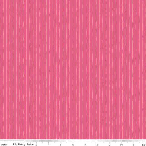 A close-up of a pink fabric with a vertical wavy stripe pattern