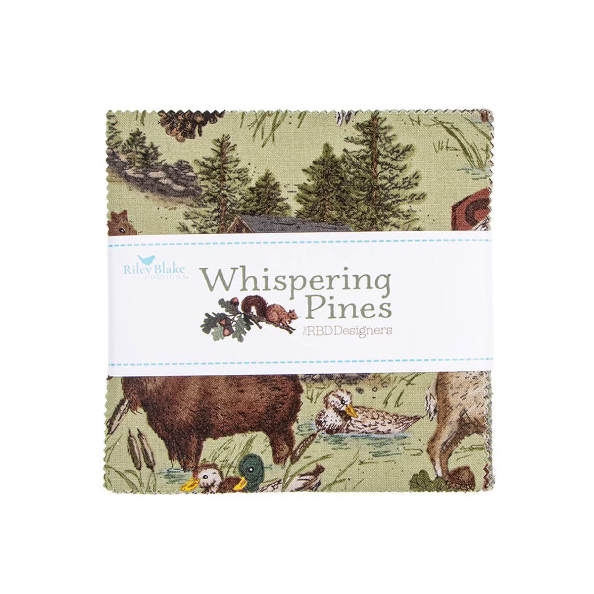 42 5" squares showing a woodland print with pine trees, a cabin, and animals on a light beige background.