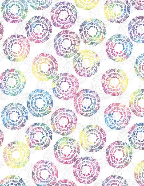 Pattern of colorful concentric circles on a white background