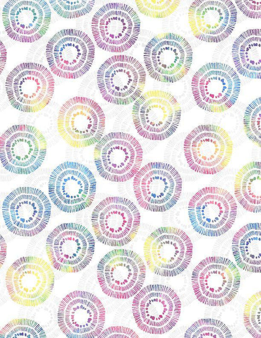 Pattern of colorful concentric circles on a white background