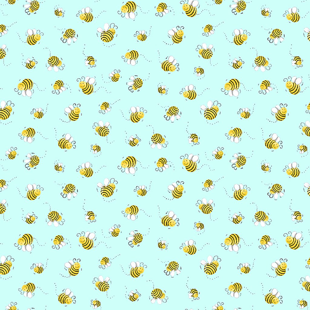 Pattern of cartoon bees on an aqua background