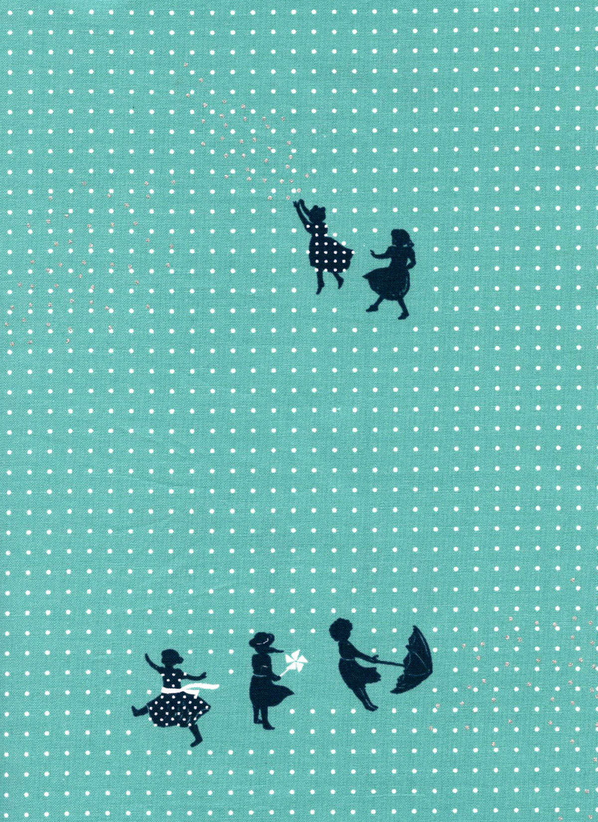 features children drawn in black  with white metallic dots, white  pinots, holding umbrellas and being windswept on a teal blue background 