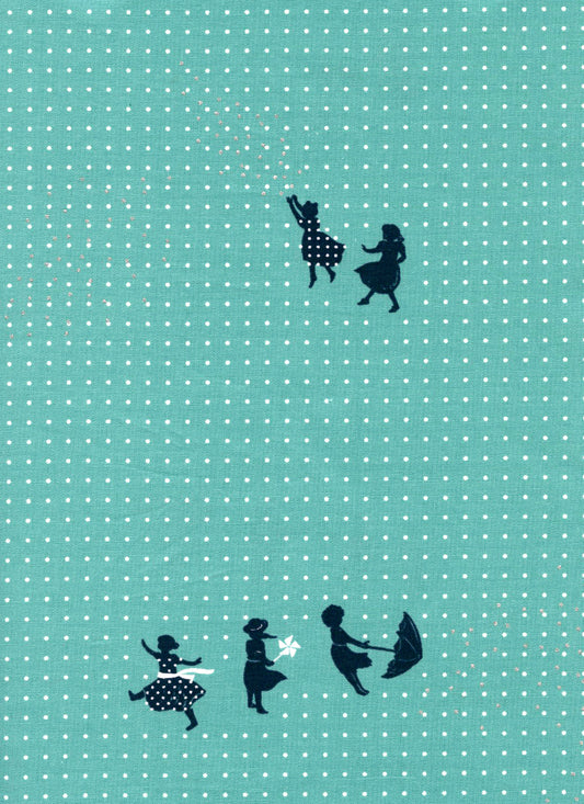 features children drawn in black  with white metallic dots, white  pinots, holding umbrellas and being windswept on a teal blue background 