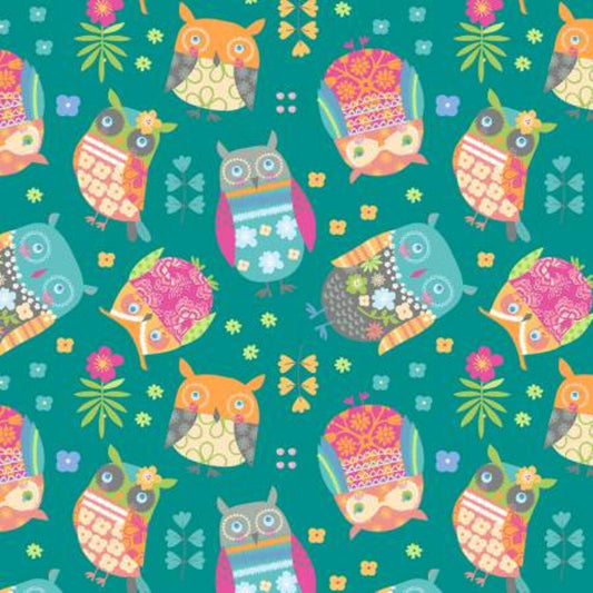 Contempos Awesome Owls Teal 9411 HALF YARD Jessica Flick for Benartex