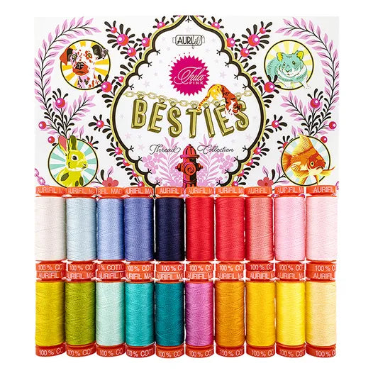 Besties Thread Set Collection by Tula Pink includes 20 small spools (220 yards each) of 50wt 100% cotton thread. Colors include 2311, 5007, 2770, 2525, 2785, 5015, 1147, 2830, 1148, 4093, 2270, 5002, 2435, 2423, 6723, 2479, 2145, 2135, 2115, and 2105.