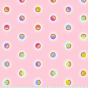 Saturdaze Guava 100% Cotton Sateen 108" wide quilt backing material featuring half rainbow circles on a pink  background. 