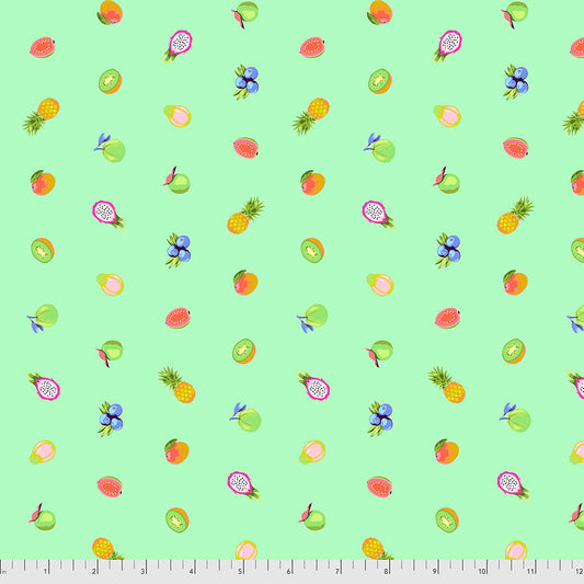  featuring a blue/green background with a pattern of fruits and flowers.