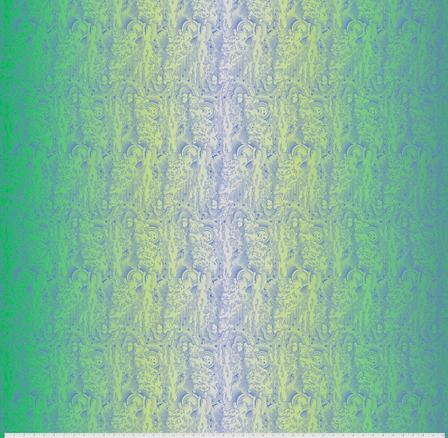 A pattern of clouds and birds against a blue green gradient background.