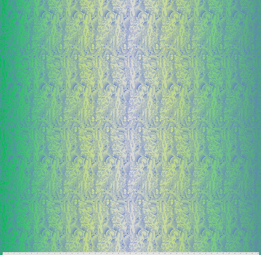 A pattern of clouds and birds against a blue green gradient background.