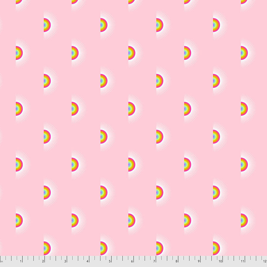A pattern of rainbows on a bright pink background.
